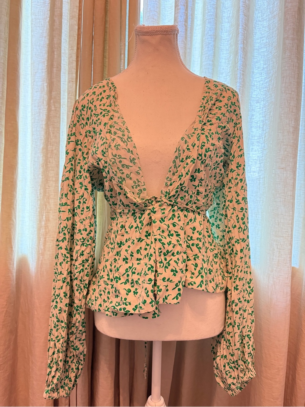 Ganni Cream Blouse with Green Floral Print and Tie-Waist